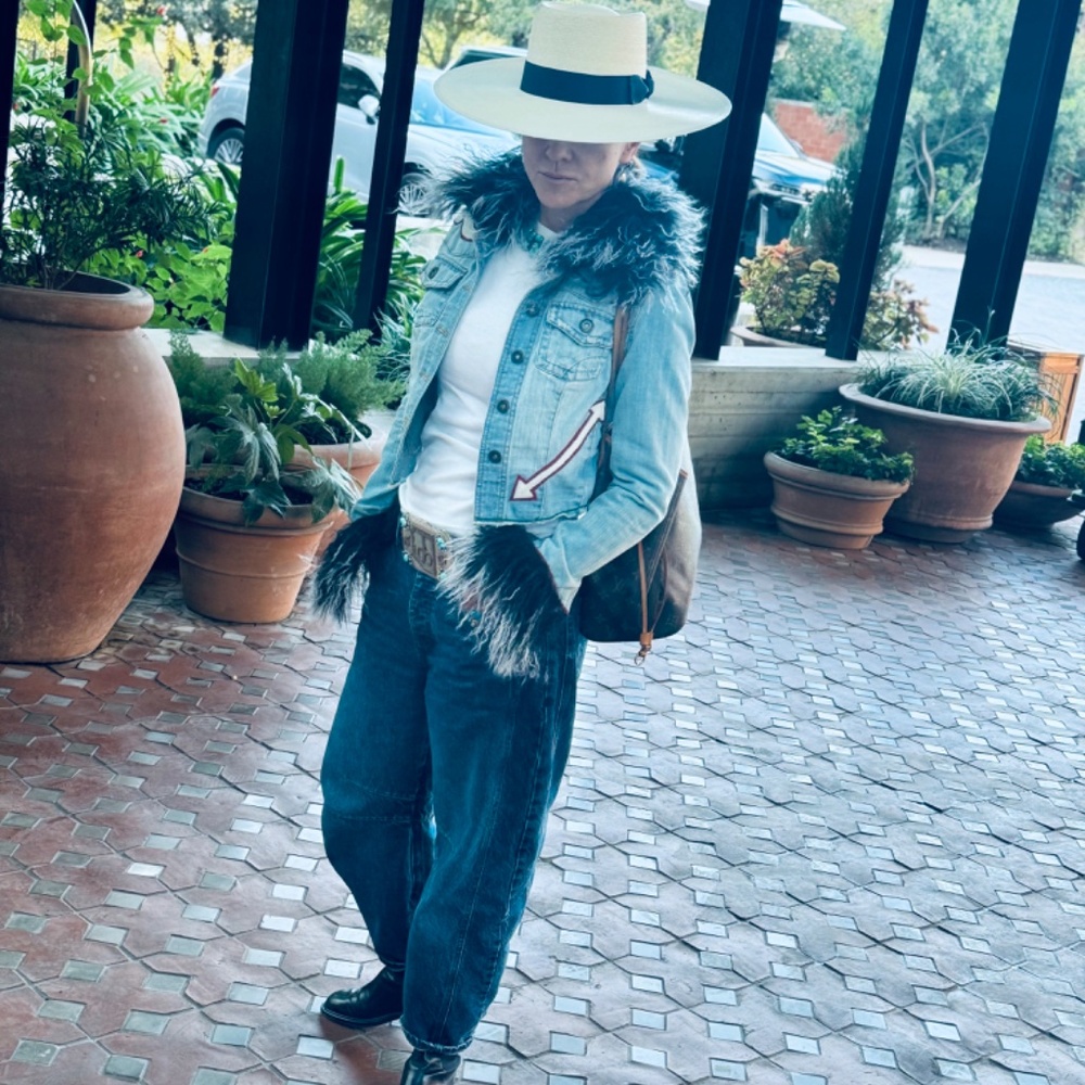 Chic Upcycled Denim Jacket with Mongolian Lamb Fur Collar and Cuffs with Cowhide